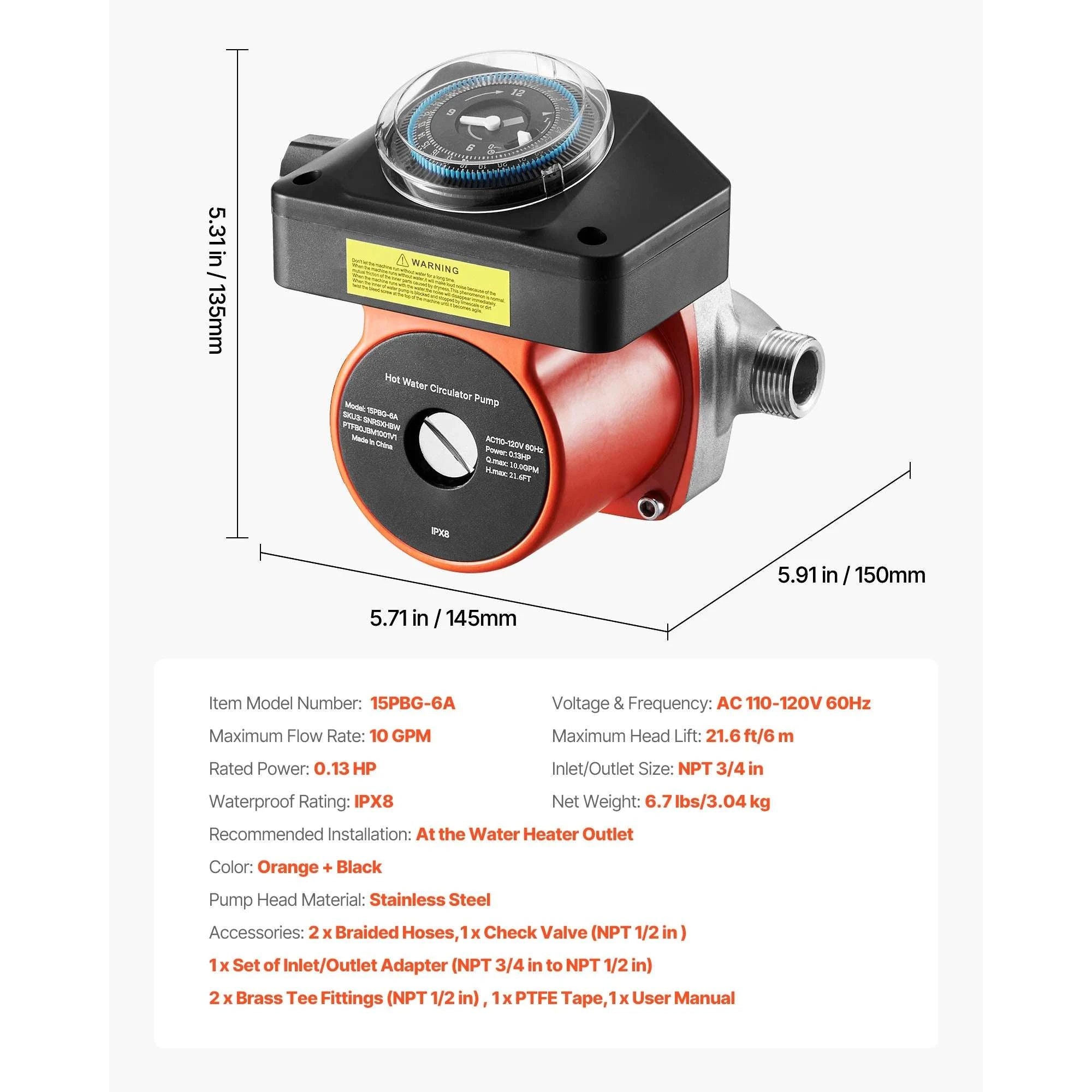 Hot Water Recirculating Pump 10 GPM with Timer 0.13 HP System-With Bypass Valve / United States
