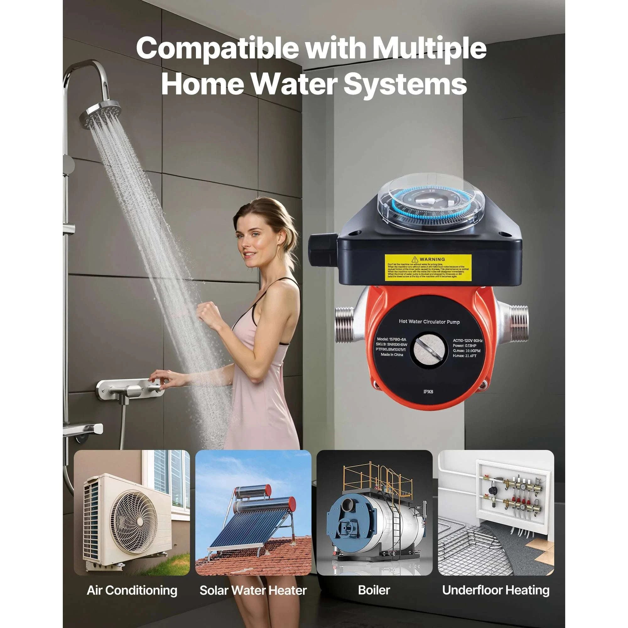 Hot Water Recirculating Pump 10 GPM with Timer 0.13 HP System-With Bypass Valve / United States