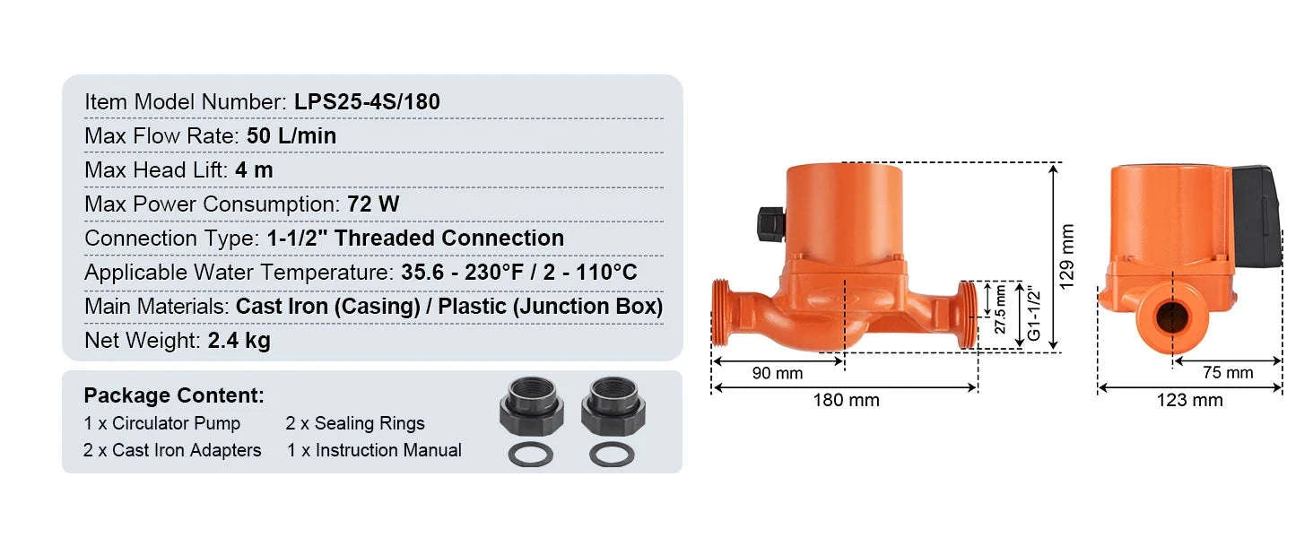 Hot Water Recirculating Pump 220V 3-Speed Quiet Operation-LPS25-4S-180 50LPM / EU / Poland