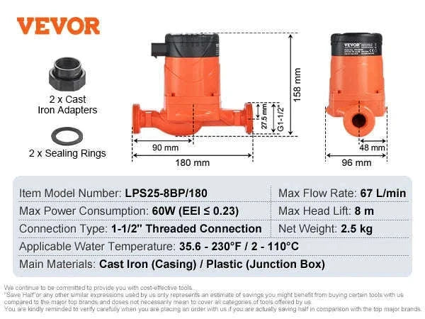 Hot Water Recirculating Pump 50/60/67 L/min 1-1/2" Threaded NPT-67LPM 60W-8m / EU / Germany
