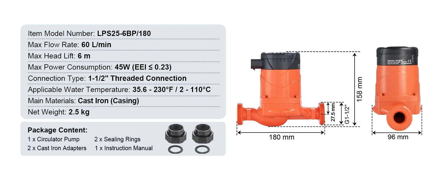 Hot Water Recirculating Pump 50/60/67 L/min 1-1/2" Threaded NPT-67LPM 60W-8m / EU / Germany