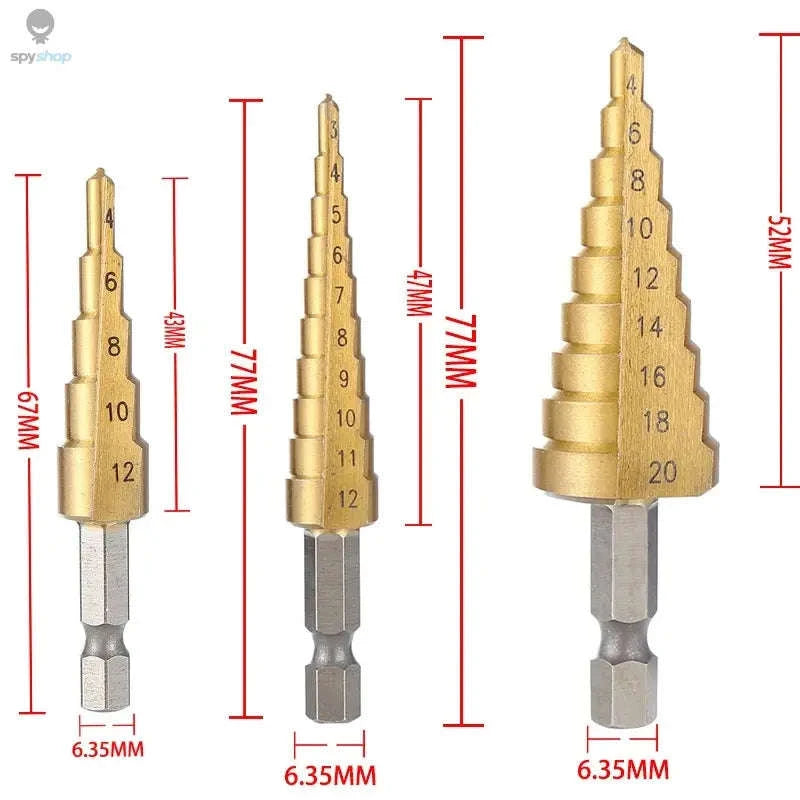 HSS Titanium Coated Step Drill Bit – Smooth Multi‑Size Drilling for Metal and Wood-3PC 4-12 4-12 4-20 / Hexagonal