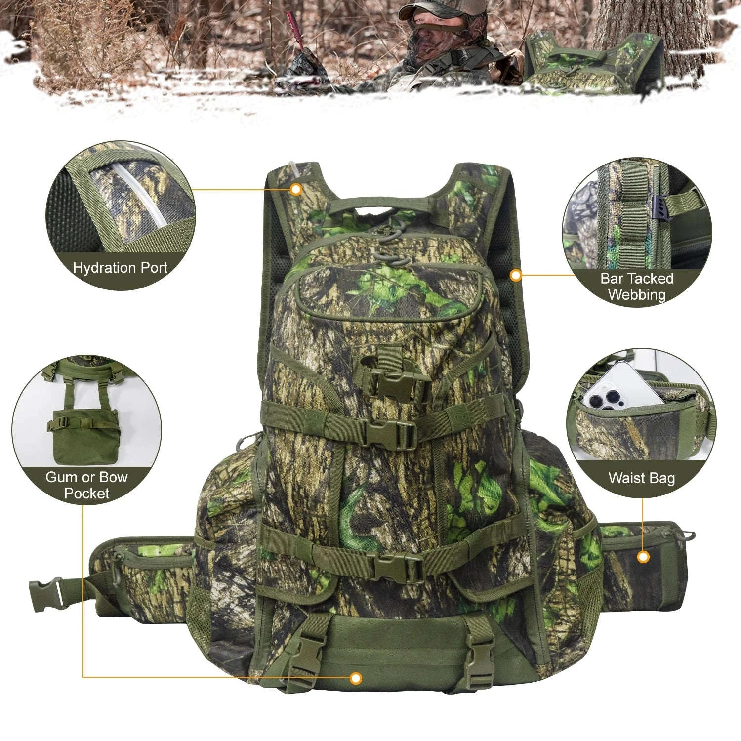 Hunting Backpack with Rifle Holder, 35L Outdoor Carry Pack-Brown