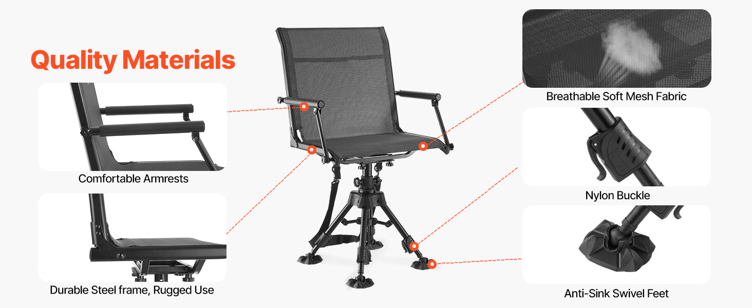 SucceBuy Hunting Chair 360° Silent Swivel Foldable Blind Chair Steel Frame Ground Stool Seat 300Lbs/350Lbs Capacity for Fishing