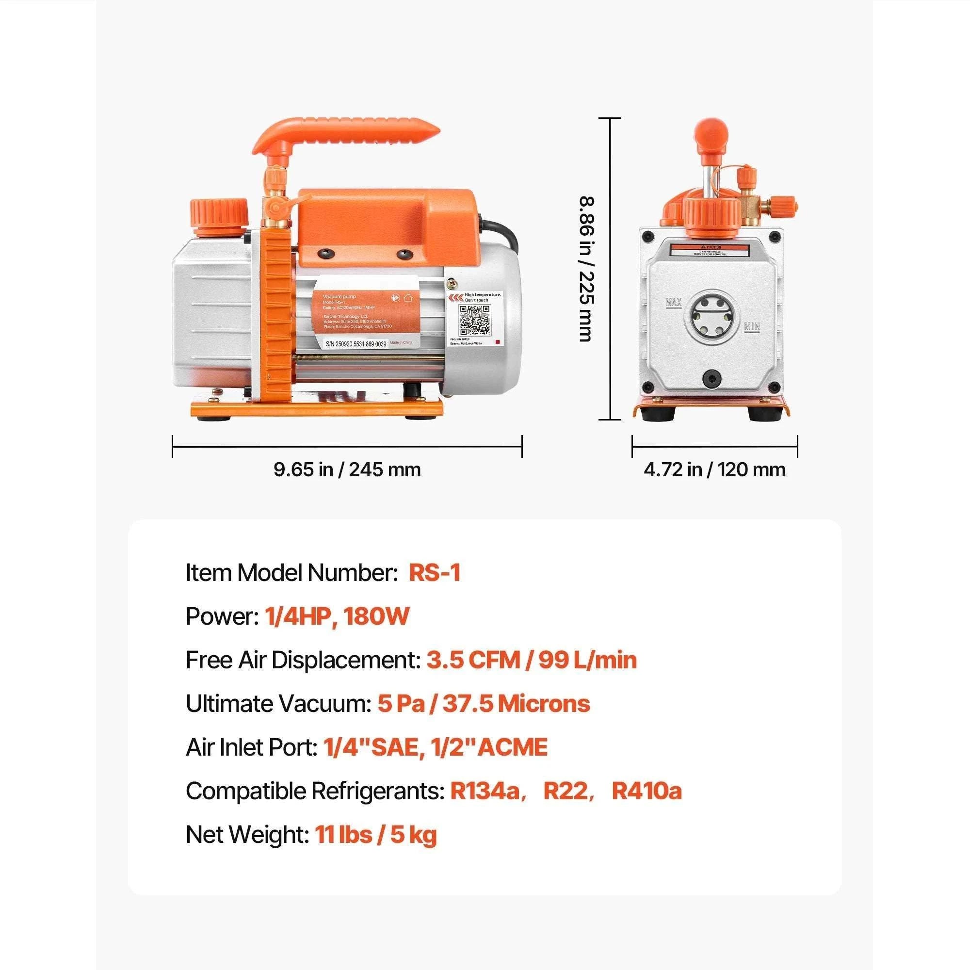 HVAC Vacuum Pump 3.5–7CFM Rotary Vane for AC Systems-3.5CFM 180W 1 Stage / US / United States