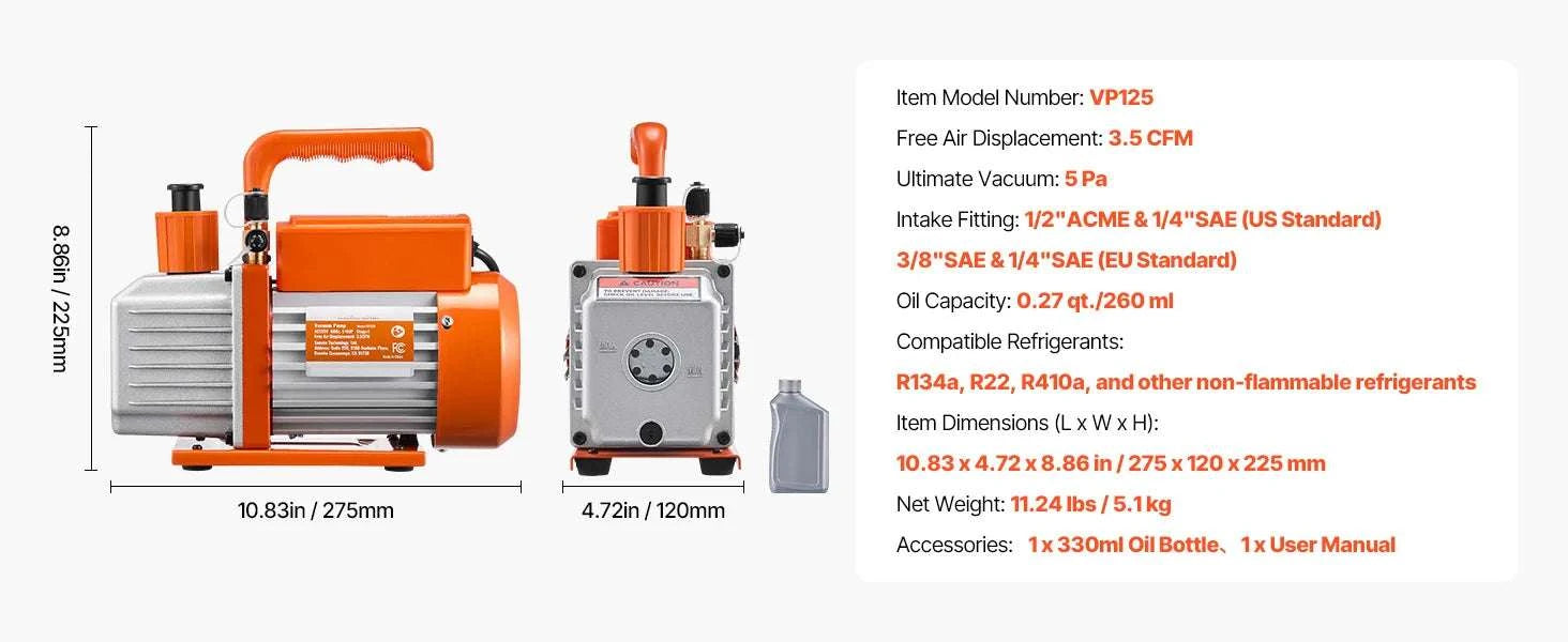 HVAC Vacuum Pump 3.5–9 CFM Single & Dual Stage for AC Systems-5CFM 1-2HP 1 Stage / EU / CZECH REPUBLIC