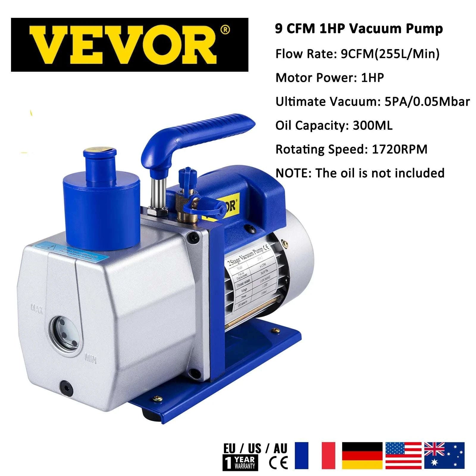 HVAC Vacuum Pump 6–12 CFM Dual Stage 1HP AC Service Tool-9 CFM 1 HP / spain