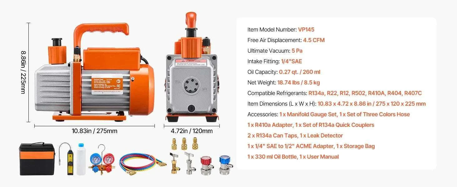 HVAC Vacuum Pump & Gauge Set 3.5/4.5 CFM with Hoses Kit-4.5CFM 1-3HP R410a / EU / france