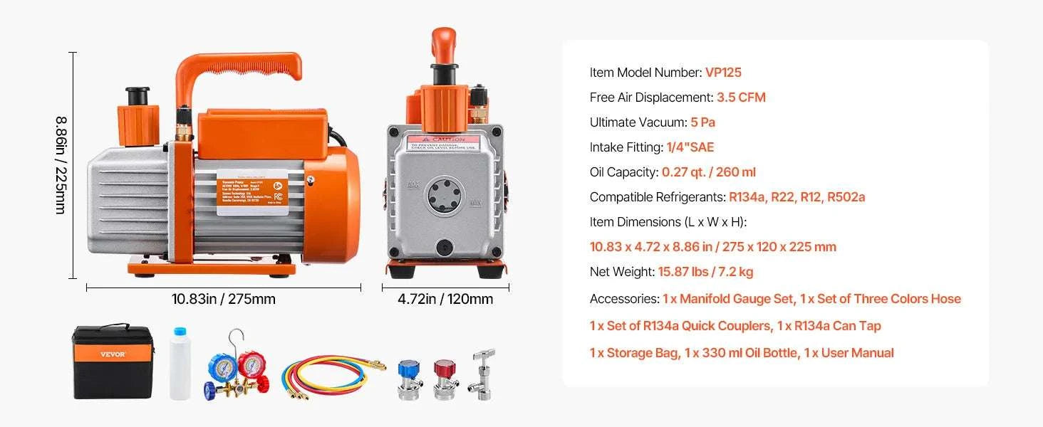 HVAC Vacuum Pump & Gauge Set 3.5/4.5 CFM with Hoses Kit-
