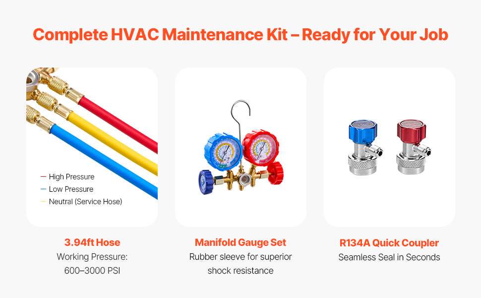 HVAC Vacuum Pump & Gauge Set 3.5/4.5 CFM with Hoses Kit-