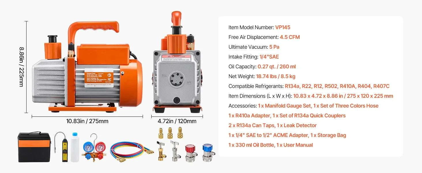 HVAC Vacuum Pump & Gauge Set 3.5/4.5 CFM with Hoses Kit-