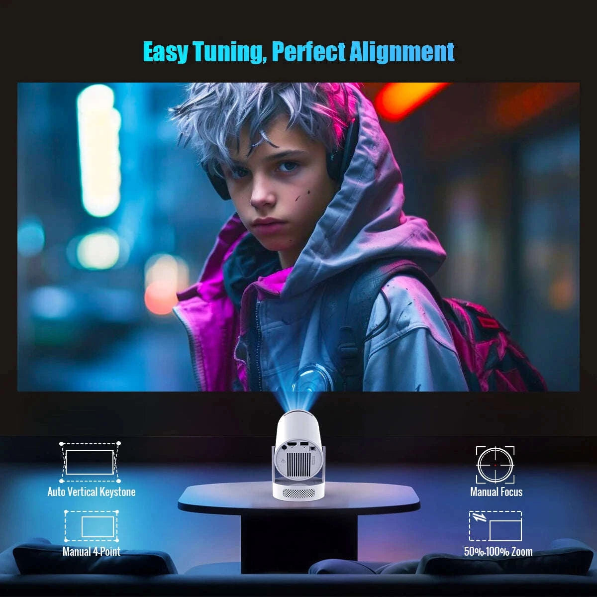 HY300 Pro Mini Projector 720P Android WiFi 6 BT5.4 Home Theater-ProNewWhite-Voice RC / US Plug / United States