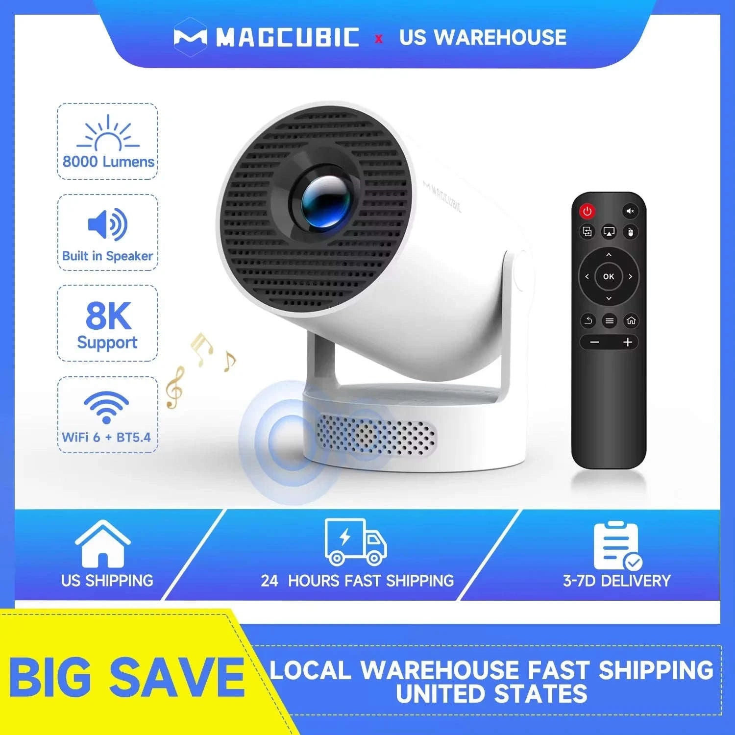 HY300 Pro Mini Projector 720P Android WiFi 6 BT5.4 Home Theater-ProNewWhite-Voice RC / US Plug / United States