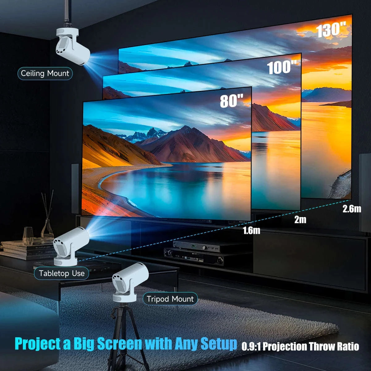 HY300 Pro Mini Projector 720P Android WiFi 6 BT5.4 Home Theater-ProNewWhite-Voice RC / US Plug / United States