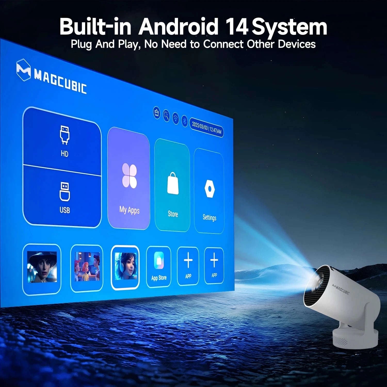 HY300 Pro Mini Projector 720P Android WiFi 6 BT5.4 Home Theater-ProNewWhite-Voice RC / US Plug / United States
