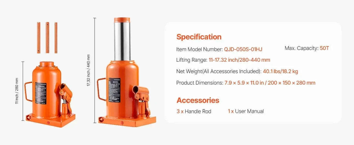 Hydraulic Bottle Jack 20 Ton for Trucks, SUVs and RVs-50TON / CZECH REPUBLIC