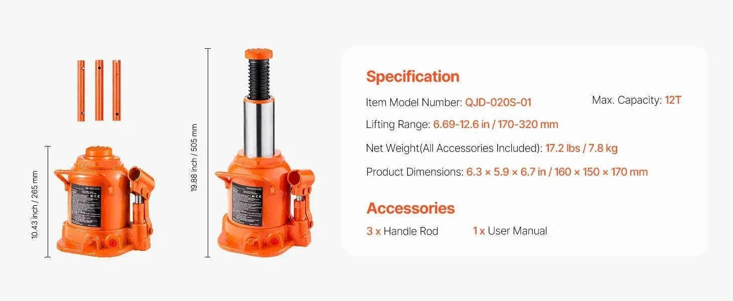 Hydraulic Bottle Jack 20 Ton for Trucks, SUVs and RVs-50TON / CZECH REPUBLIC