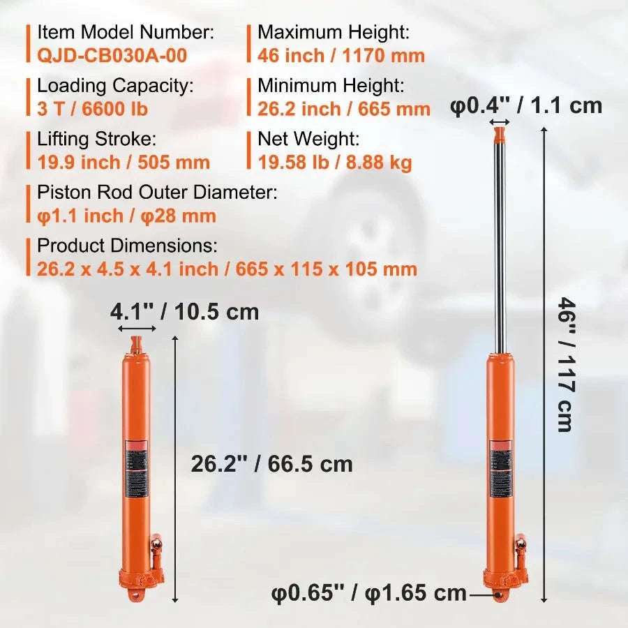 Hydraulic Long Ram Jack 3 Ton with Single Piston Pump and Clevis Base-United States / Default