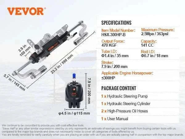 Hydraulic Outboard Steering Kit 90HP–300HP with Pump & 24/26FT Hoses-300HP 26FT / spain