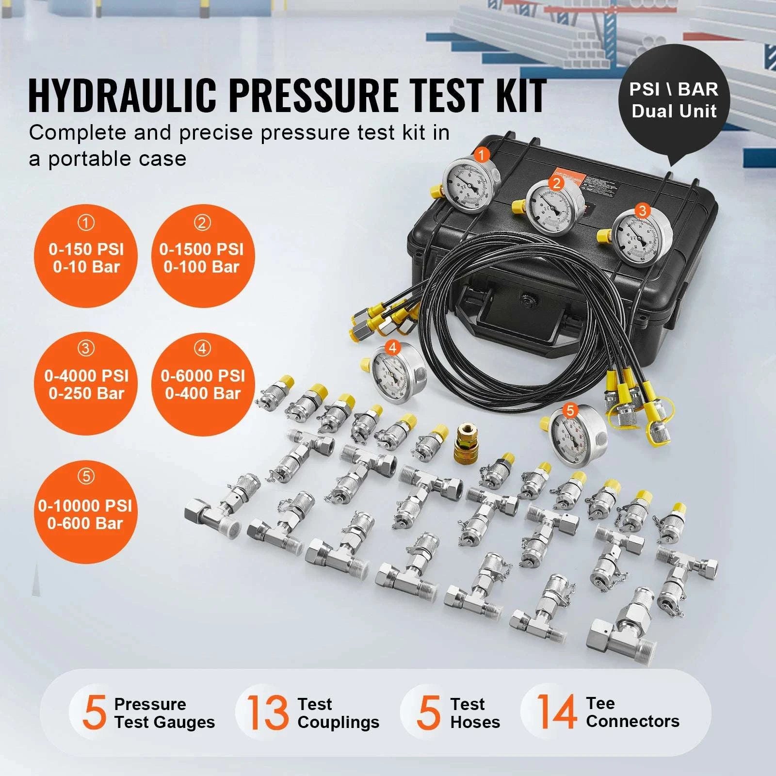 Hydraulic Pressure Test Kit with 5 Gauges for Excavators & Machinery-3heads 9pieces / United States