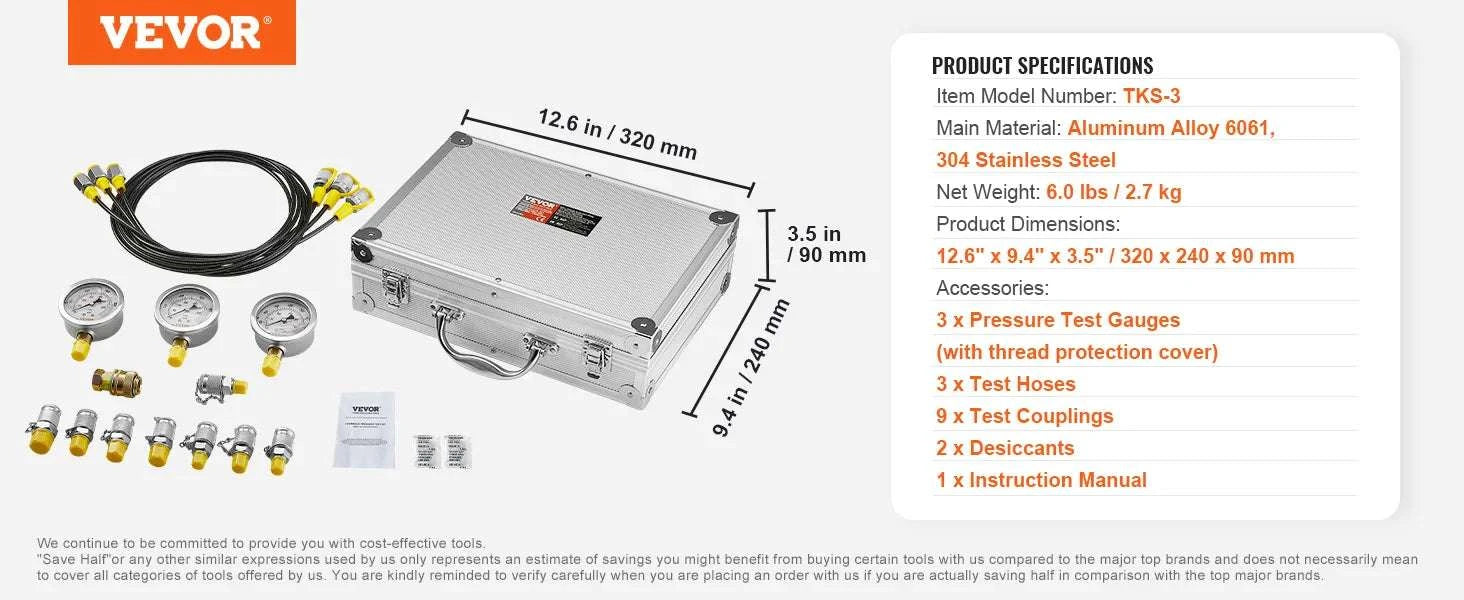 Hydraulic Pressure Test Kit with 5 Gauges & Full Adapter Set-3heads 9pieces