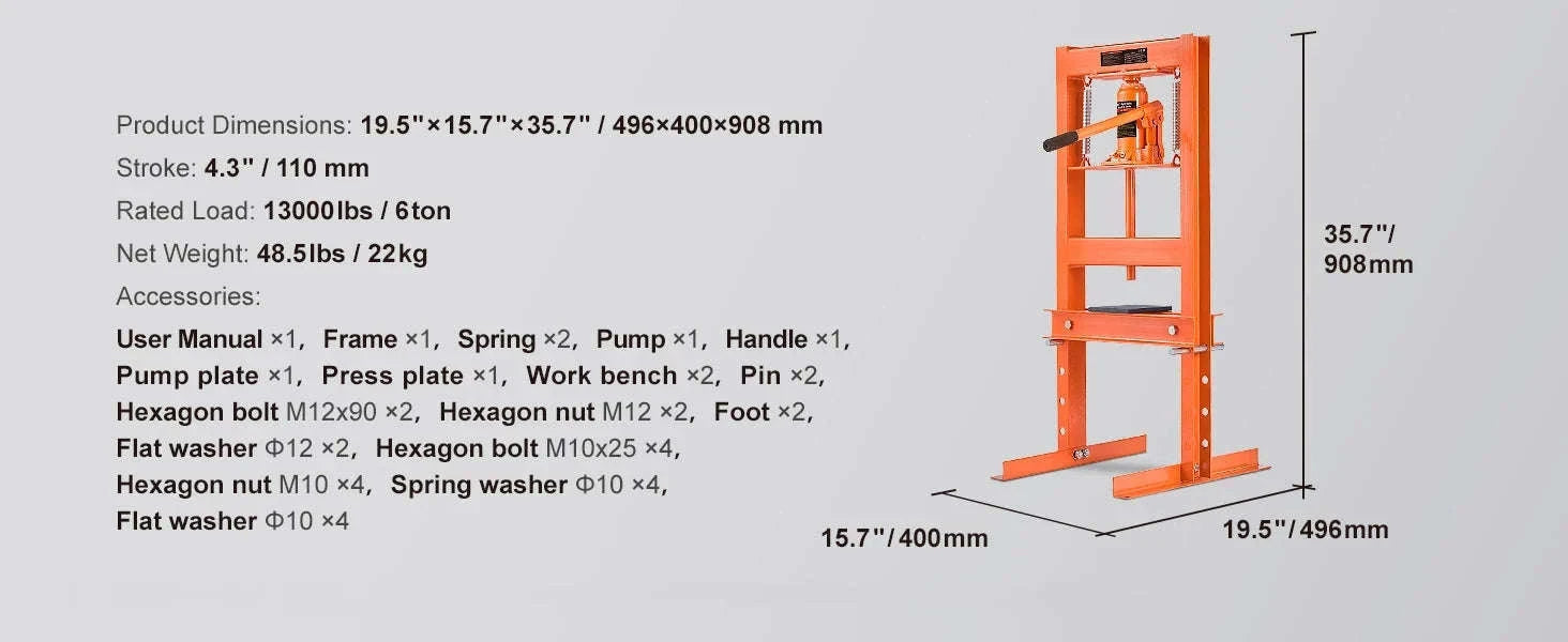 Hydraulic Shop Press 6-Ton H-Frame with Press Plates-6T / United States