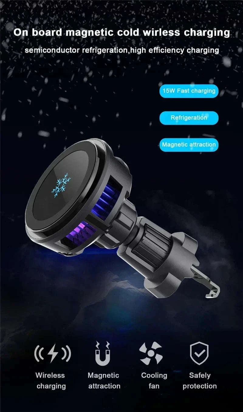 Ice Cooling Magnetic Car Charger Stand with 15W Wireless Charging-Black