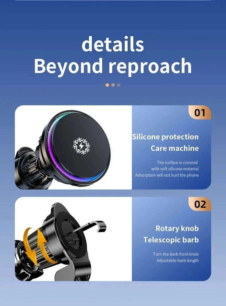 Ice Cooling Magnetic Car Charger Stand with 15W Wireless Charging-Black