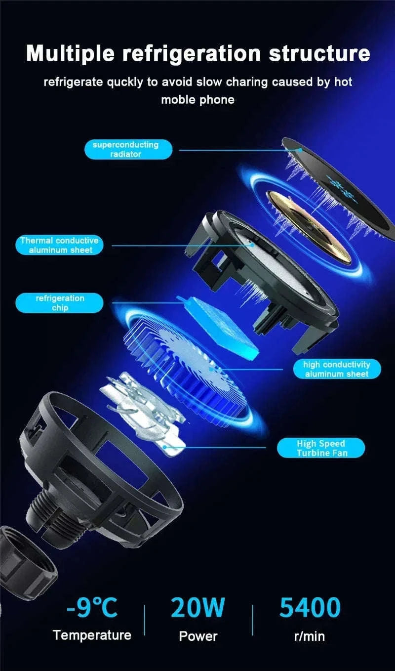 Ice Cooling Magnetic Car Charger Stand with 15W Wireless Charging-Black