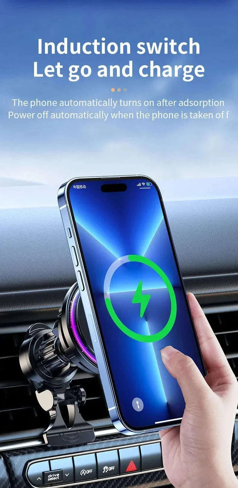 Ice Cooling Magnetic Car Charger Stand with 15W Wireless Charging-Black
