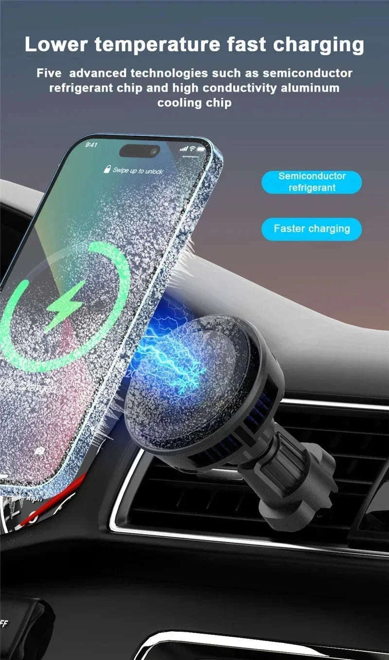 Ice Cooling Magnetic Car Charger Stand with 15W Wireless Charging-Black