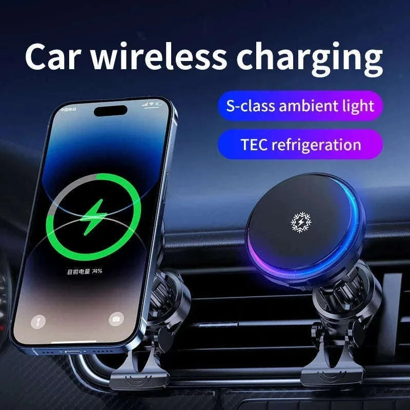 Ice Cooling Magnetic Car Charger Stand with 15W Wireless Charging-Black