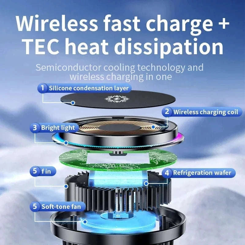 Ice Cooling Magnetic Car Charger Stand with 15W Wireless Charging-Black