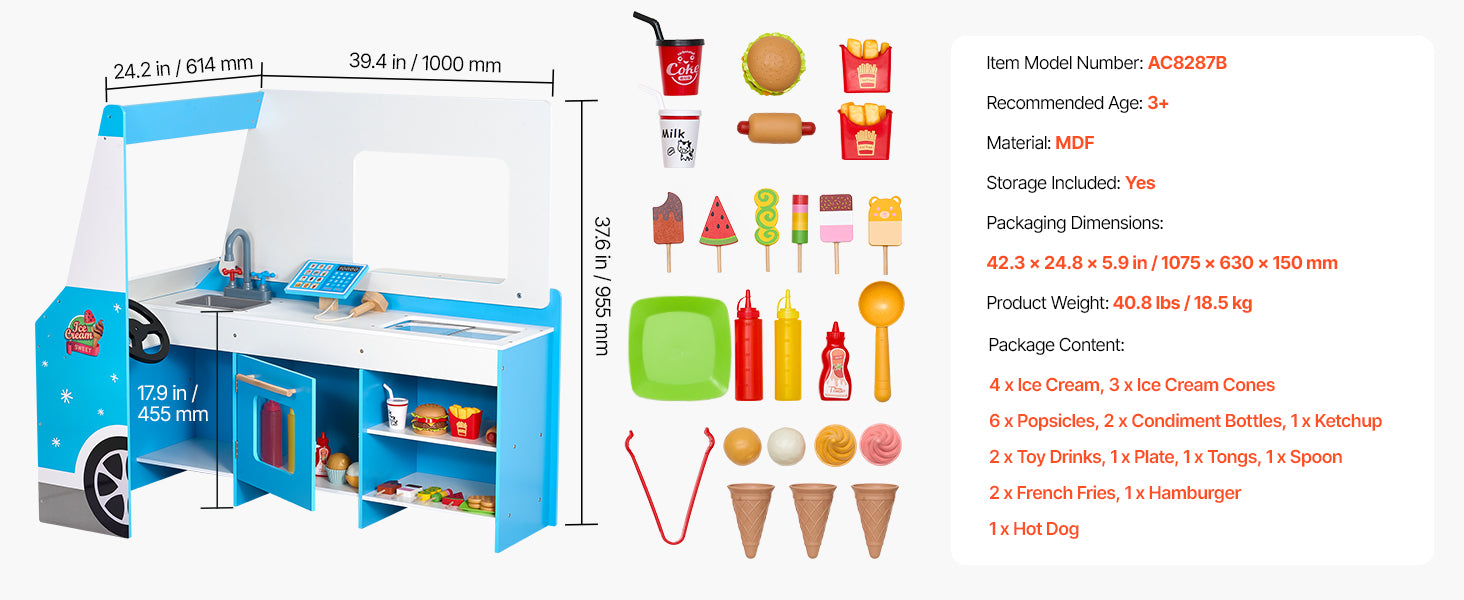 Børns træ-isvogn legetøjssæt med rat og tilbehør