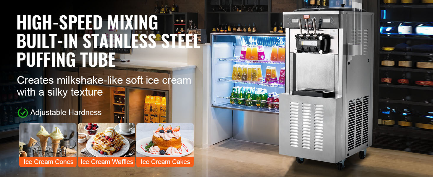 Commercial Soft Ice Cream Machine 3 Flavors Pre-Cooling LED Panel Single Cylinder Overnight Refrigeration