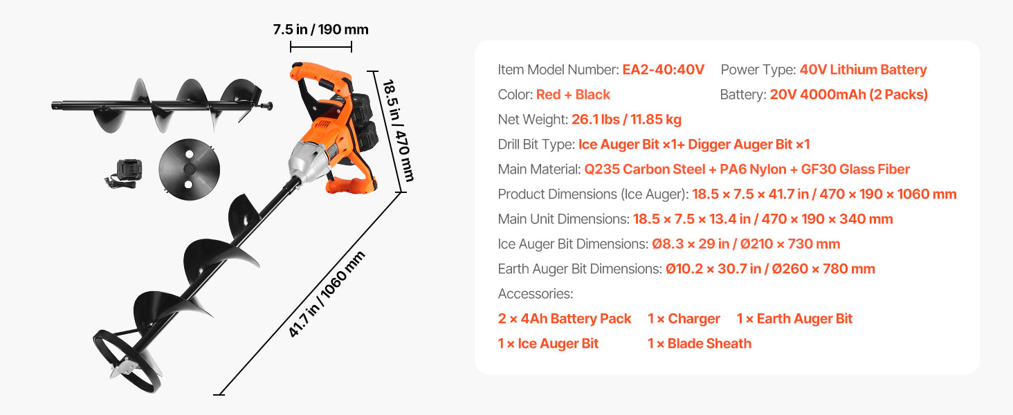 Elektrische Eisbohrmaschine 8" Akku-Bohrmaschine mit zwei Bohrern für Eis und Erde