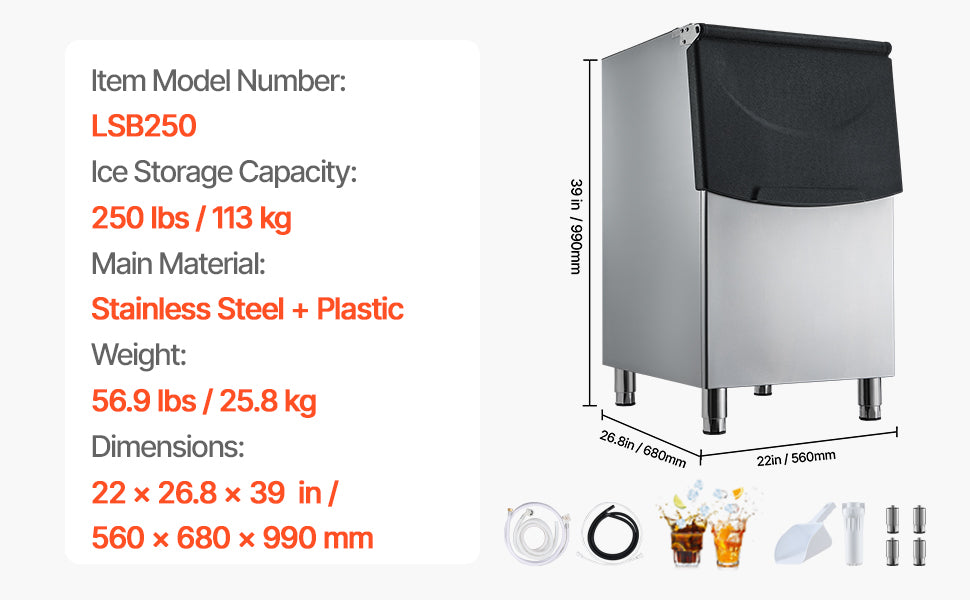 Machine à glaçons commerciale 250LB avec bac de stockage et filtre à eau