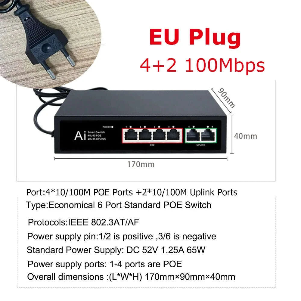 Ienron PoE Switch - 6/10 Port 100Mbps Ethernet-100M X 1000M EU / CHINA