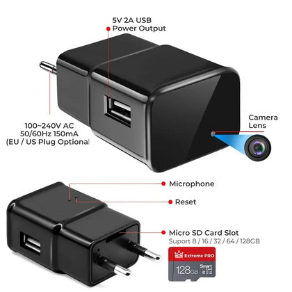 IP WiFi kamera skrita v USB polnilcu, omogoča ogled od kjerkoli 128GB.