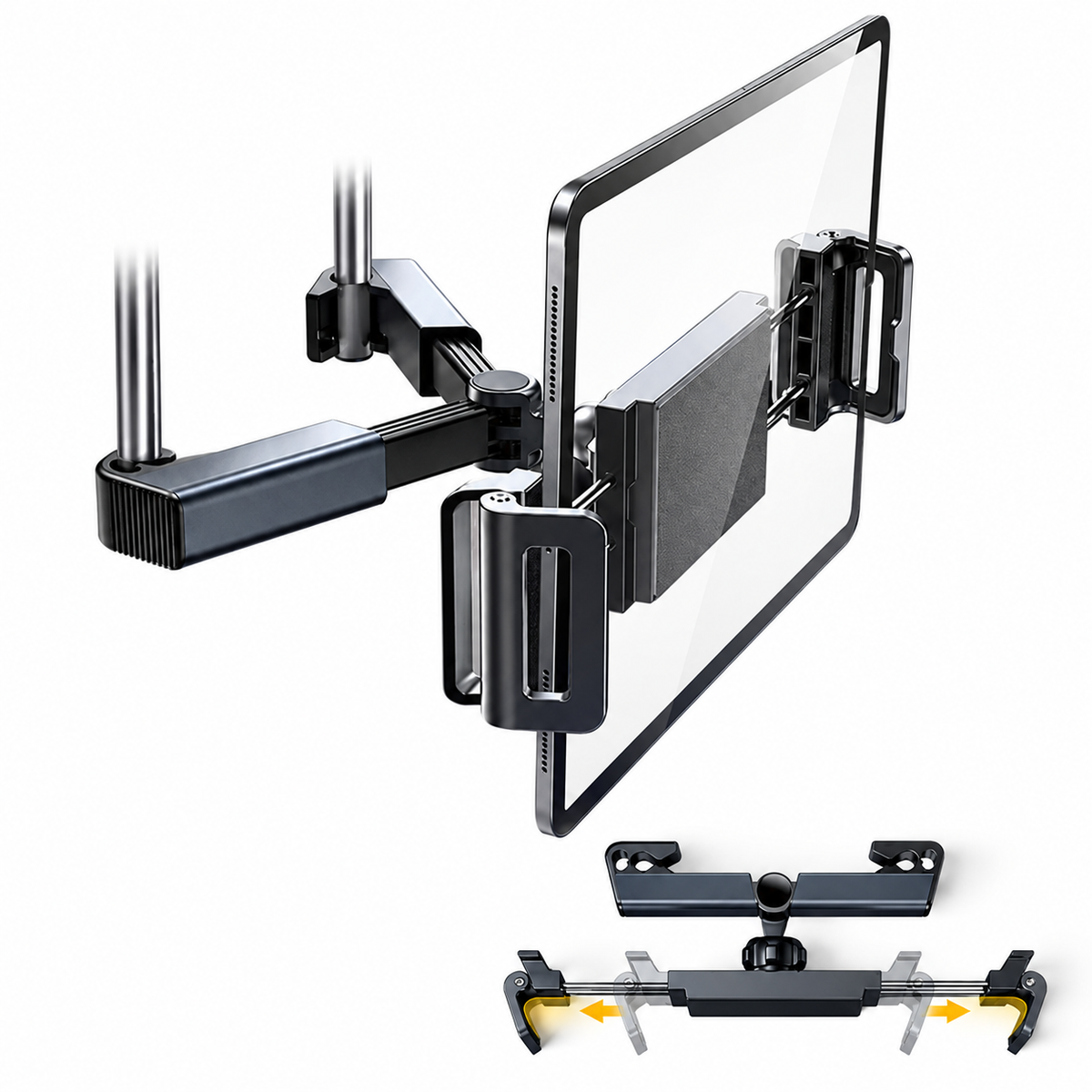 Telescopic Headrest Phone and Tablet Holder – Black