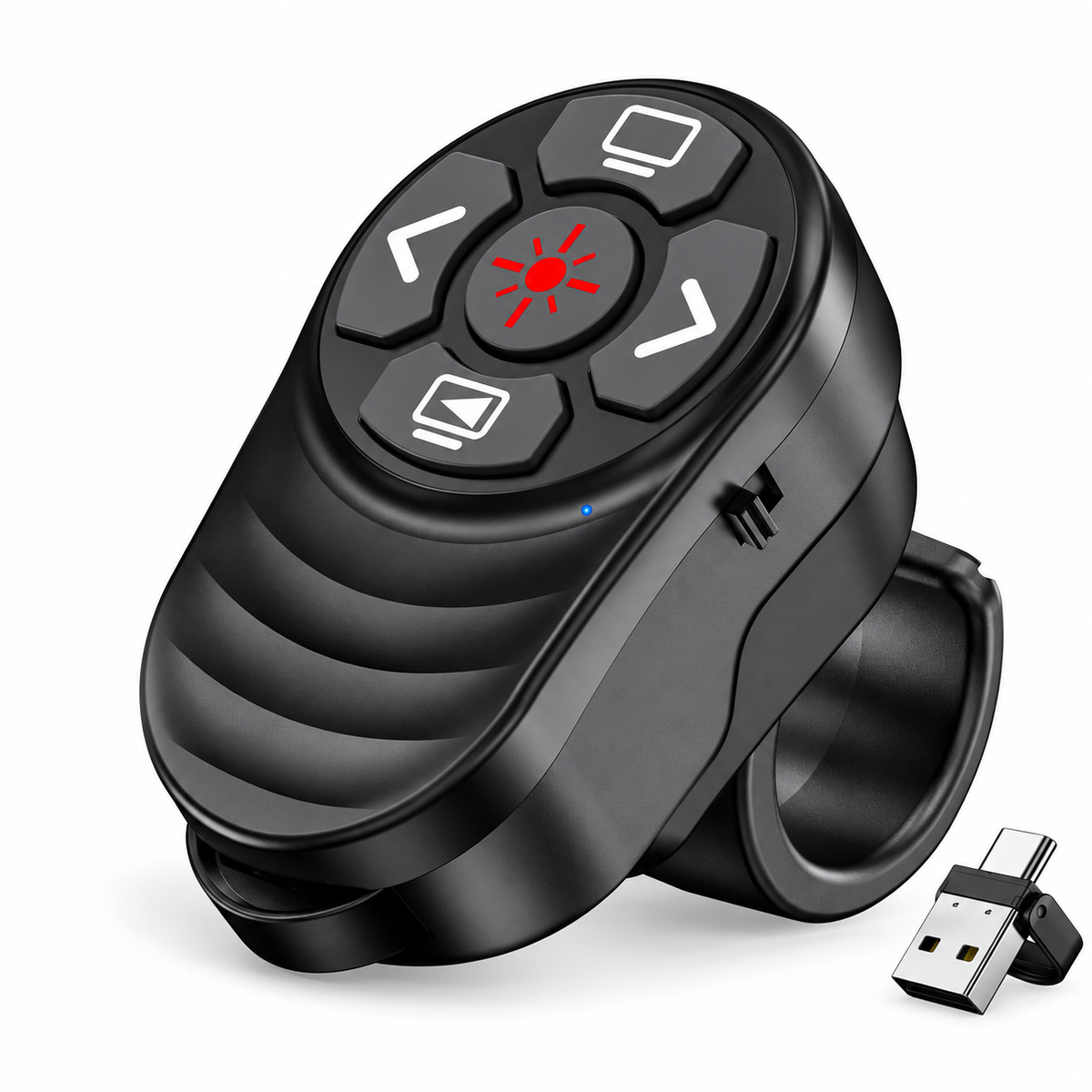 Rechargeable USB Type C Wireless Presentation Clicker PPT Remote Control Finger Ring Clicker with Red Light & Volume Control