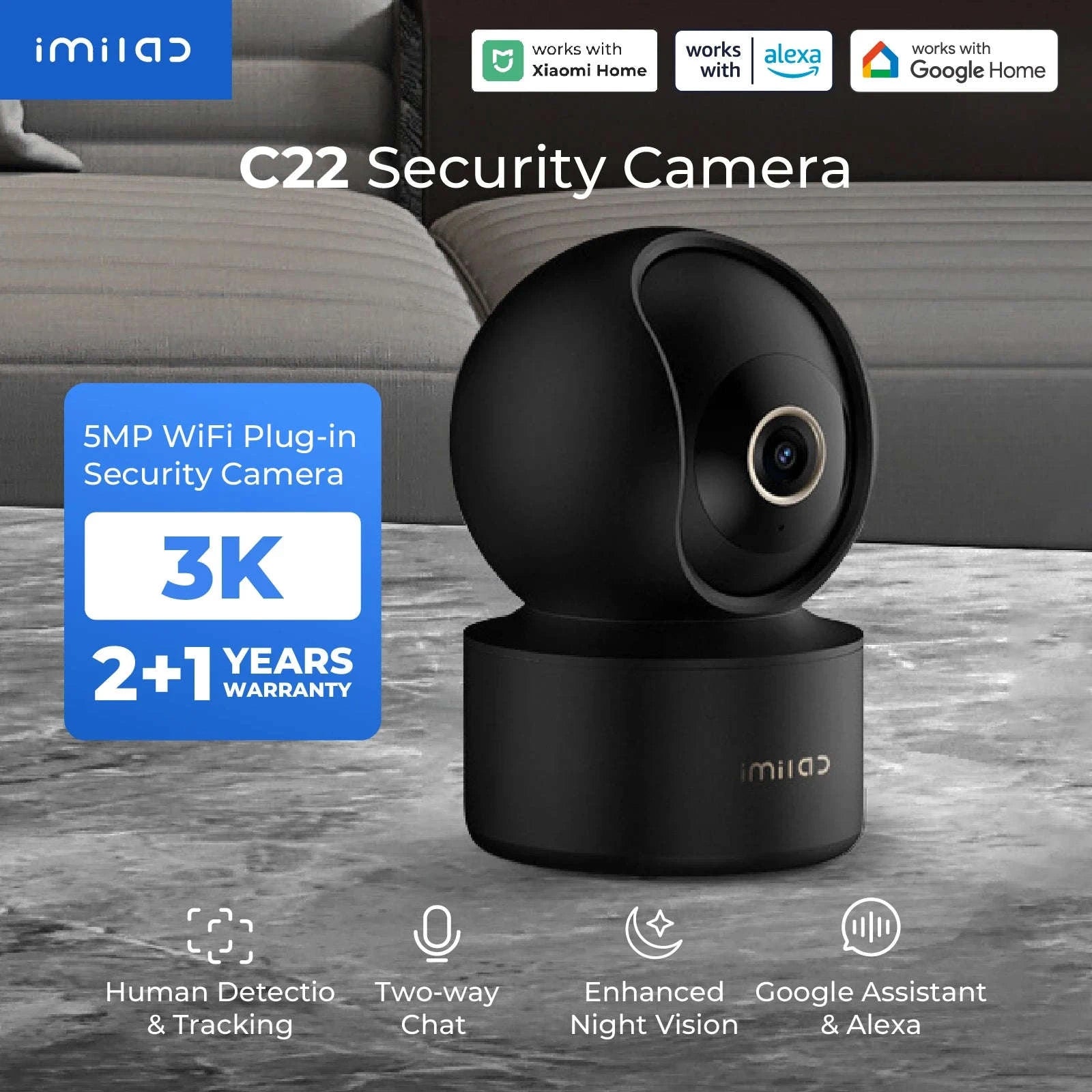 IMILAB C22 3K WiFi Indoor Security Camera with AI Detection-C22 Black No Plug / China Mainland