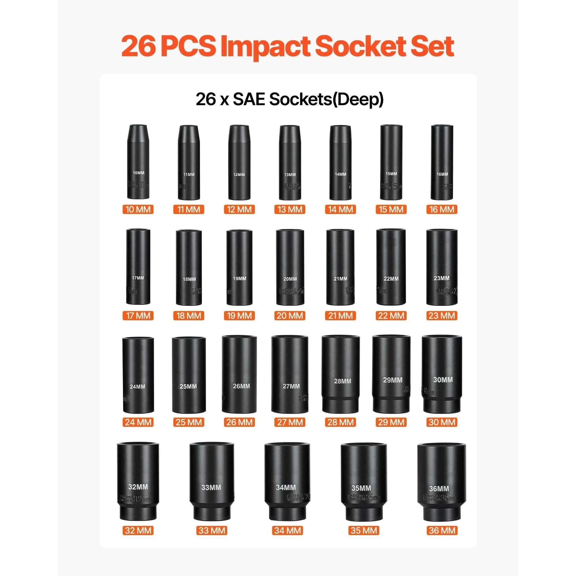 Impact Socket Set 1/2" Drive 6-Point Cr-V Steel 26–65 Pieces-65 Pieces / United States