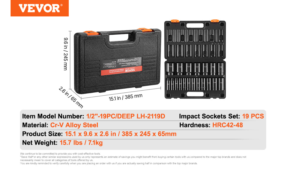 19-Piece 1/2" Drive Impact Socket Set Deep 6-Point SAE Sizes