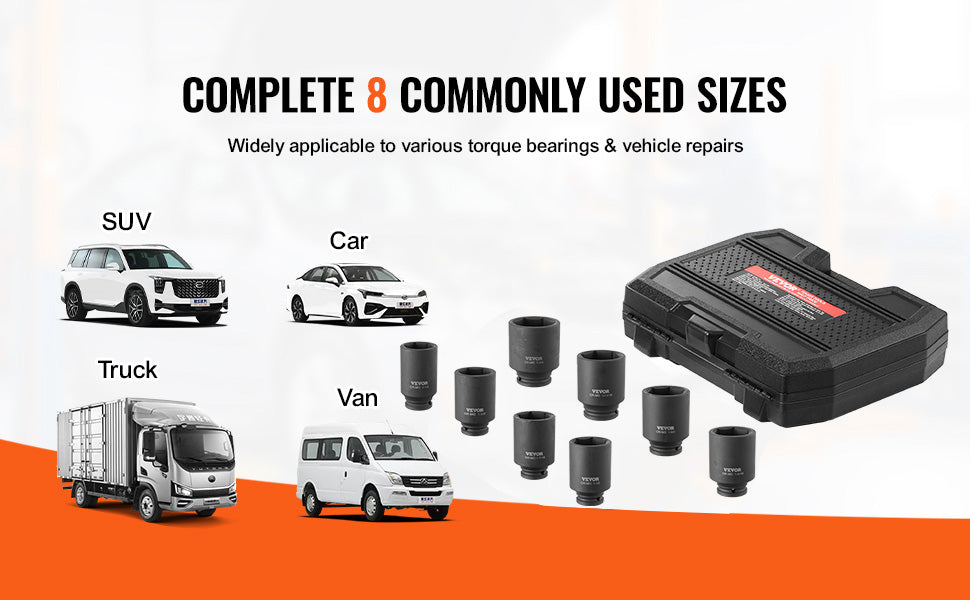SucceBuy Axle Nut Impact Socket Set Drive Deep 6-Point 8-Piece SAE Spindle Nut Socket Set CR-MO Heat Treated Large Socket Set