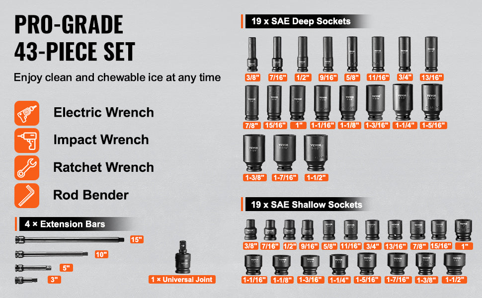 43-Piece 1/2" Drive Impact Socket Set SAE Deep & Shallow