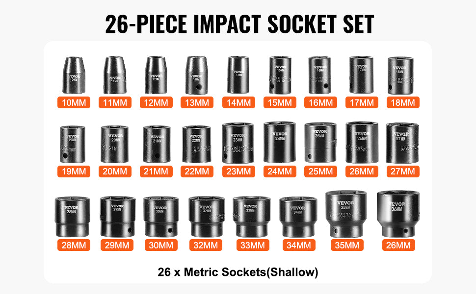 SucceBuy 1/2In 26Piece Impact Socket Set Impact Sockets Shallow Socket 6-Point Sockets 1/2 Inches Drive Socket Set Impact Metric