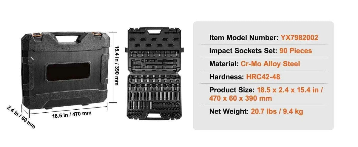 Impact Socket Set SAE & Metric Cr-V/Cr-Mo 13–90 Piece Tool Kit-Cr-Mo 34PCs / United States