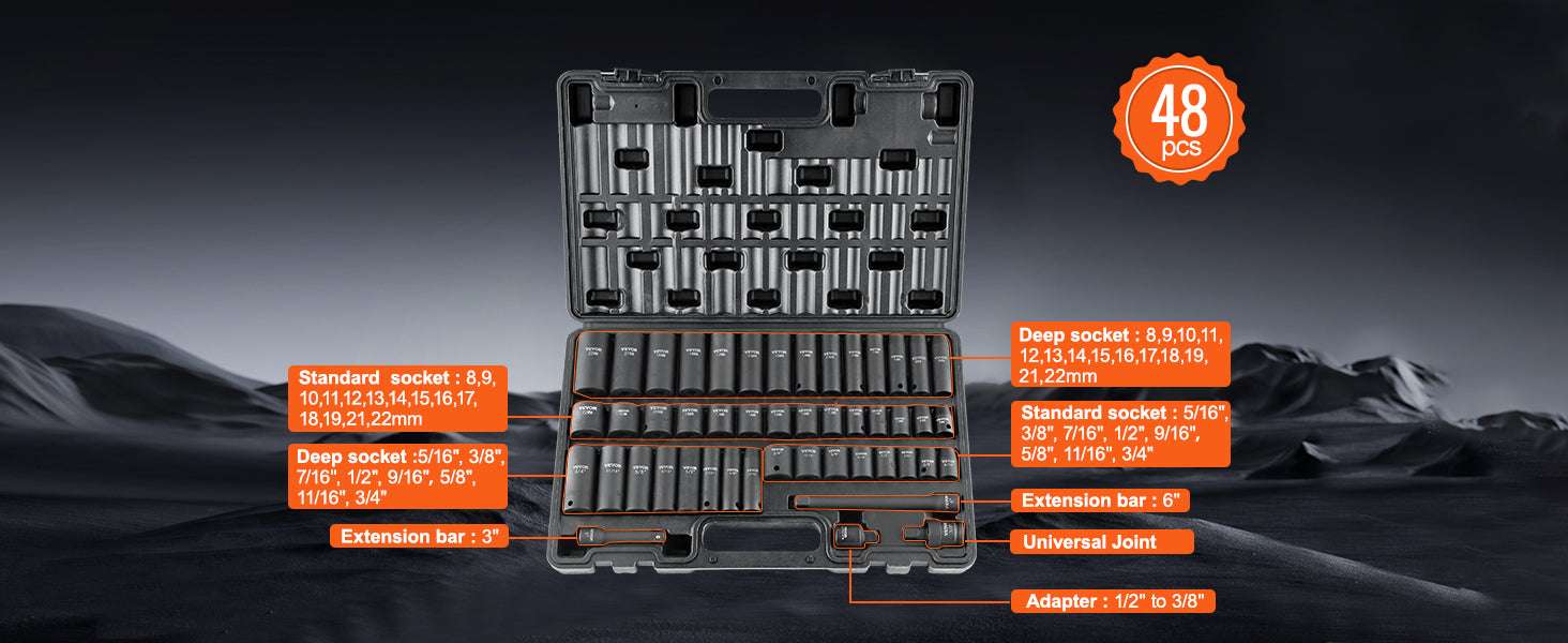 Impact Socket Set SAE & Metric Cr-V/Cr-Mo 13–90 Piece Tool Kit-Cr-Mo 34PCs / United States