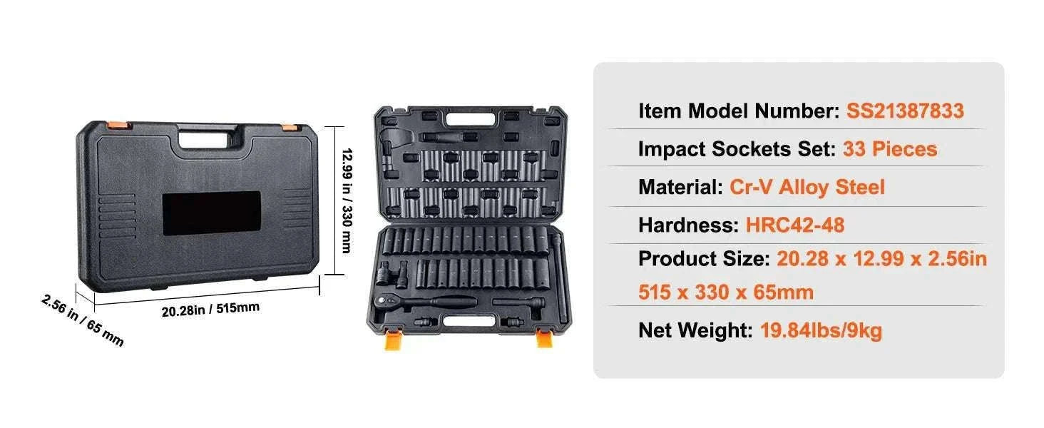 Impact Socket Set SAE & Metric Cr-V/Cr-Mo 13–90 Piece Tool Kit-Cr-Mo 34PCs / United States